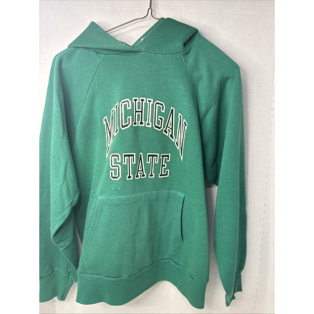 Vintage 80s 90s Michigan State University Hoodie Green Puff Print Made In USA M